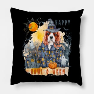 Cavalier King Charles Spaniel Happy Howl-o-ween Ghost Houses Funny Watercolor Pillow