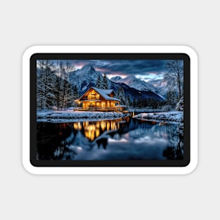 Mountain Cabin on a Lake in Winter - Landscape Magnet