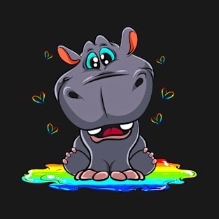 Cute Hippo Sitting In A Rainbow Puddle T-Shirt