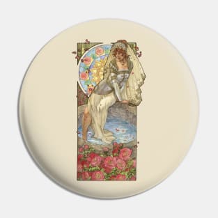 Lady of June Summer Solstice Bride with Sun Wheel and Roses Mucha Inspired Birthstone Series Pin