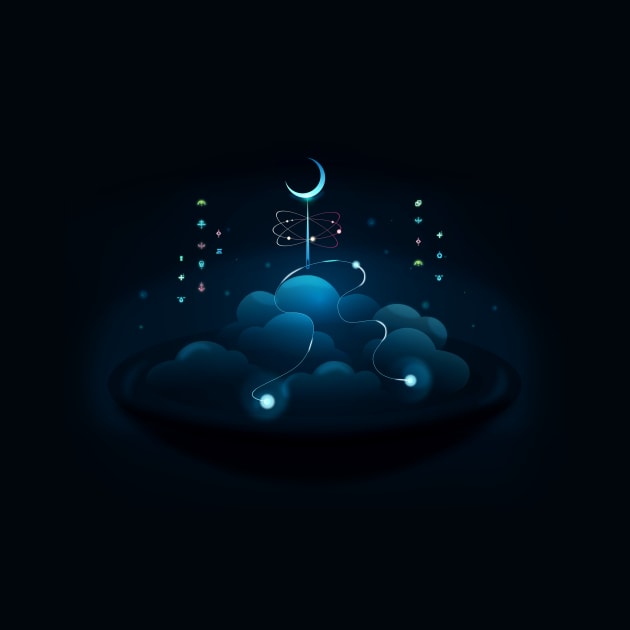 Fantasy dark beautiful night, moon, needle, and clouds on a plate. Digital art illustration. by ArtsByNaty