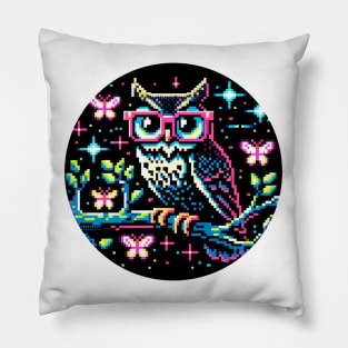 Cyberpunk Owl Art - Neon Nightscape Pixel Illustration Pillow