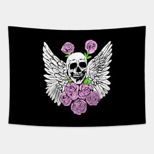 Skull, Wings & Roses, Grunge Rocker Art Tapestry