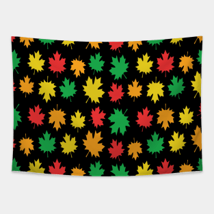 Colorful Autumnal Leaves - Nature Pattern on Black Background Tapestry