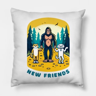 Big Foot Sasquatch becomes friends with a cat and a dog, funny t-shirt for lovers of cats, dogs and the outdoors. Pillow