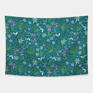 Edelweiss flowers with hellebore and snowdrops on blue background Tapestry