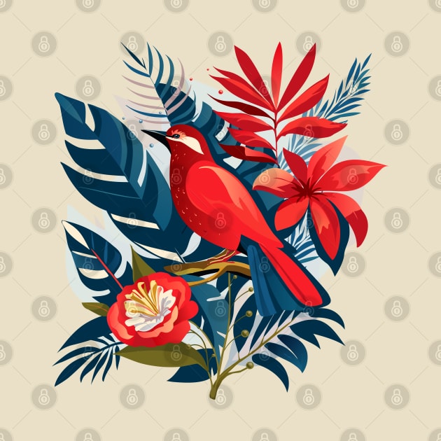 Red bird and exotic flowers Christmas decoration floral Boho chic design by sofiartmedia