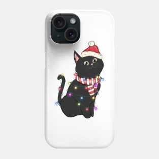 black cat santa hat christmas lights Phone Case