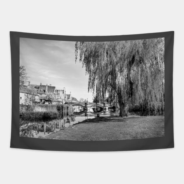 Stamford Town Bridge And River Welland, Black And White Tapestry by tommysphotos