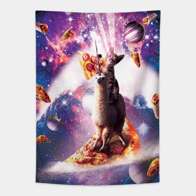 Laser Eyes Space Cat Riding On Surfing Llama Unicorn Tapestry by Random Galaxy