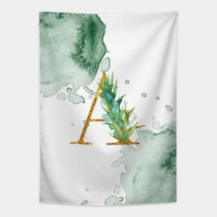 Letter A Gold Monogram with Leaves Green Watercolor Slats Graphic Design Tapestry