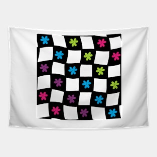 Floral Checker Board - Bright Colors on Black Tapestry