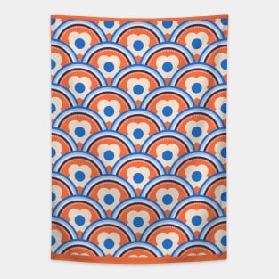 Apricot Crush, Blue Retro Waves and Flowers Tapestry