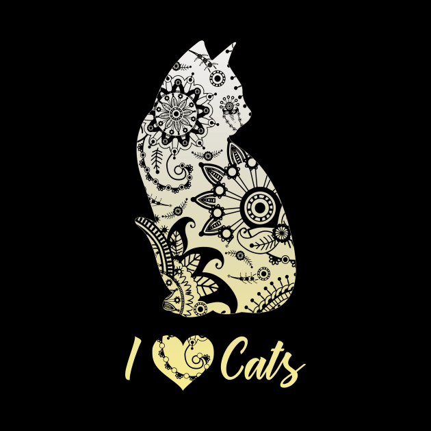 I love Cats Shirt Cat Mommy Mandala Yellow Kitten Lover by ELFEINHALB