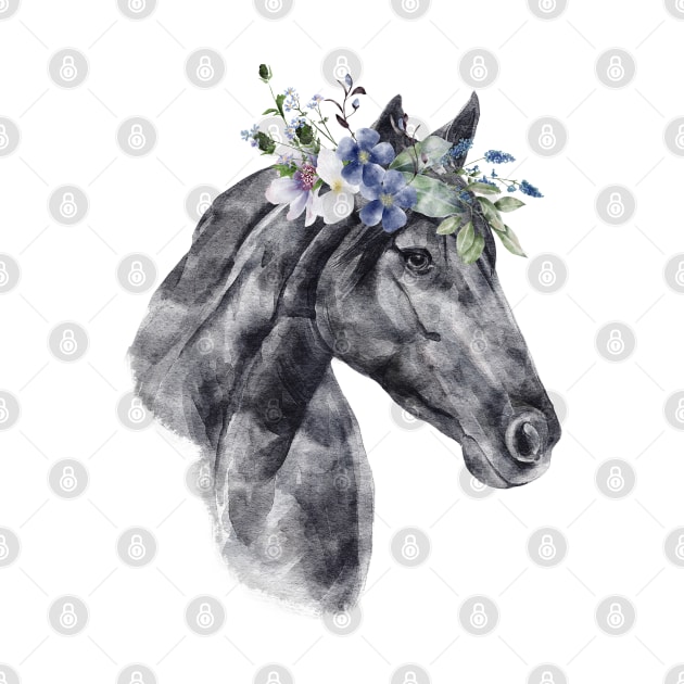 Horse Head Watercolor Portrait in Black and White by Duck Cloud 9