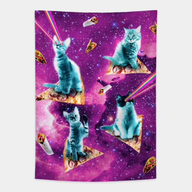 Outer Space Cats With Rainbow Laser Eyes Riding On Pizza Tapestry by Random Galaxy