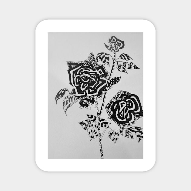 Crazy Zentangle Roses Ink Drawing Black and White Floral flowers Magnet by SarahRajkotwala