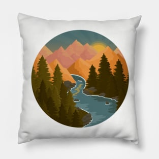 Bright sunrise landscape of mountains and trees Pillow