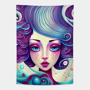 Girl with beautiful blue hair, big hairstyle, waves. Tapestry