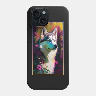 Husky Dog Vibrant Tropical Flower Tall Digital Oil Painting Portrait Phone Case