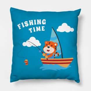 Vector cartoon illustration of cute tiger fishing on sailboat with cartoon style. Pillow