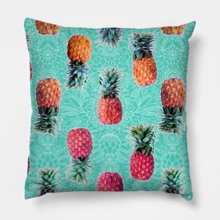 From Pineapple to Pink - tropical doodle pattern on mint Pillow