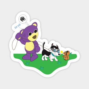 Mr.purple bear take snowy dog for a walk, dog will fight with squirrel, little husky dog, cute puppy, dog lover Magnet