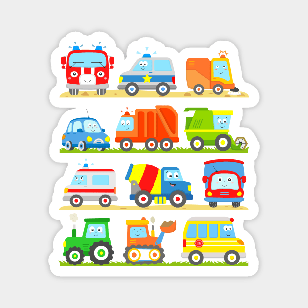 Vehicles with Tractor Digger Bus Ambulance Harvester Truck Police Car Fire Truck and Sweeper Magnet by samshirts