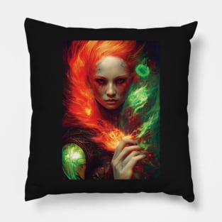 Beautiful Fire Mage | Fantasy Artwork | Pyromancer | Fire Sorceress | Abstract Painting Pillow