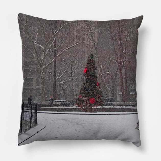 A Christmas Tree In the Snow, Madison Square Park, NYC Pillow by Chris Lord