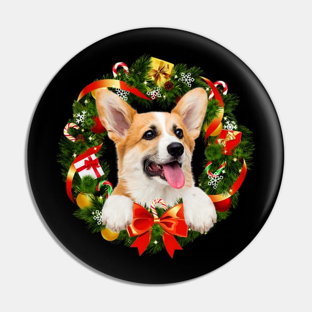 Funny Corgi Christmas Wreath Ornament Pin by Magazine