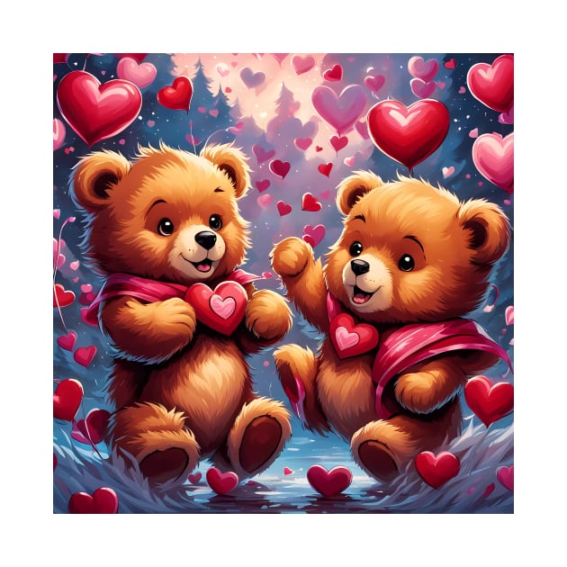 Teddy celebrating Valentines day, randome floating love hearts by Colin-Bentham