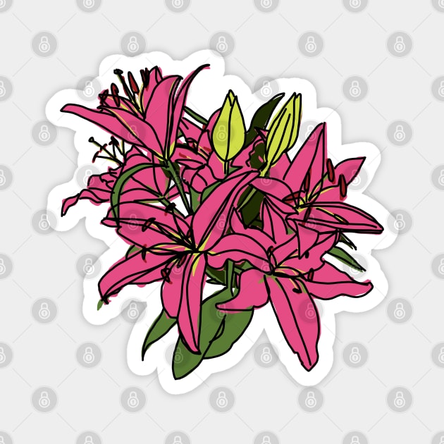 Digital Painting of Pink Lily Flowers Magnet by ellenhenryart