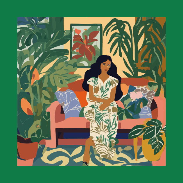 Woman on Couch of Tropical Jungle Garden Apartment After Matisse by bragova