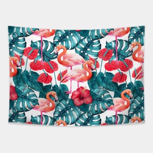 Flamingo birds and tropical garden watercolor Tapestry