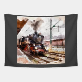 Steam Locomotive Pulling into Rail Yard Tapestry