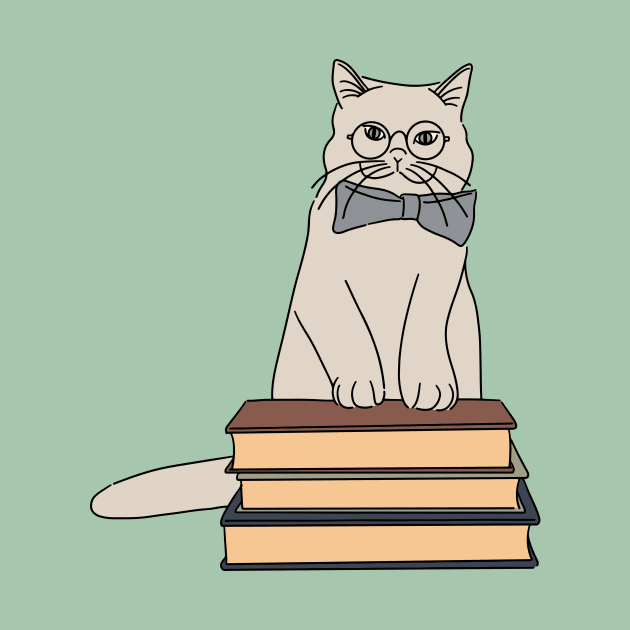 cute cat with spectacles and books digital illustration by LanaReen