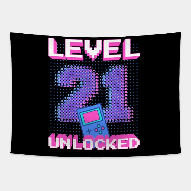 Retro Level 21 Unlocked Shirt 21st Video Gamer Birthday Gift Tapestry by BitcoinSweatshirts