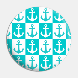 Checkered Ship Anchor Pattern - Ocean Blue and White Pin