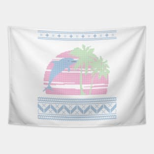 Light Blue, Pink and Light Green Pastel Palm Tree and Dolphin Ugly Christmas Sweater Design Tapestry