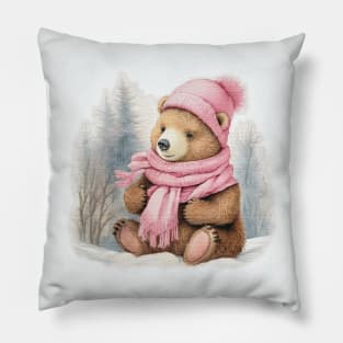 Adorable cute bear wearing a pink hat and scarf Pillow