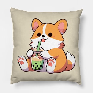 cute chubby corgi drink green tea boba Pillow