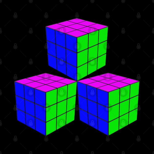 Three Rubik Cubes in a Triangle - Blue, Pink and Green by The Black Panther