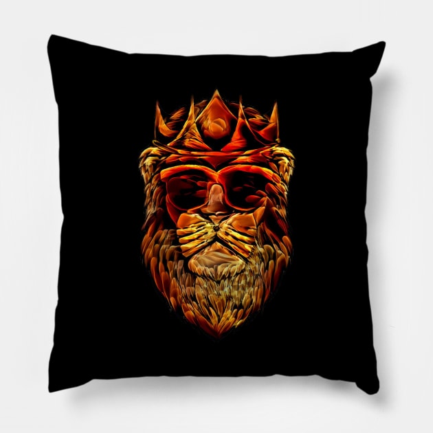 Lion fiery Head sunglasses king Golden Crown Pillow by ZenCloak