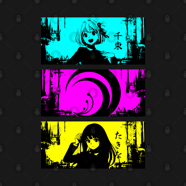 Lycoris recoil anime characters Chisato nishikigi and Takina inoue with lycoris recoil logo and their names in japan text Cyan Magenta Yellow Grunge distressed design by Animangapoi