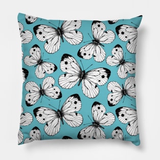 Cabbage butterfly pattern on blue Pillow