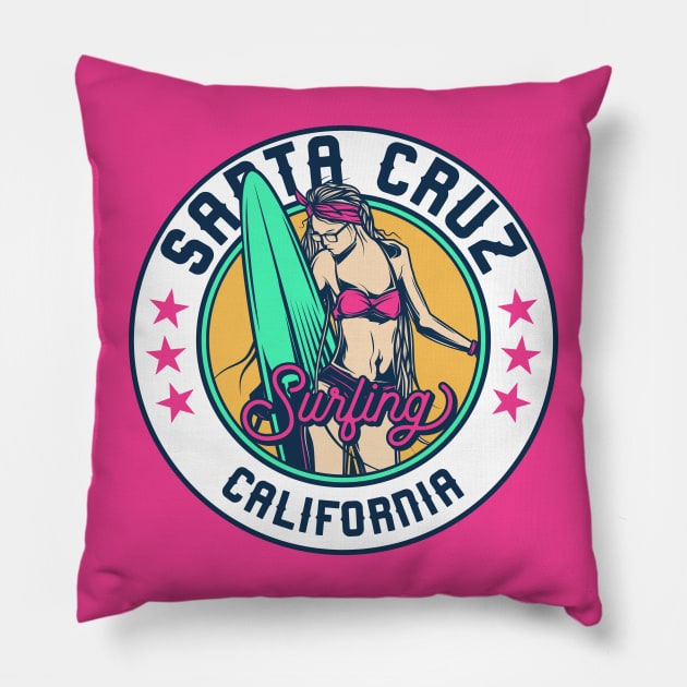 Retro Surfer Babe Badge Santa Cruz California Pillow by Now Boarding