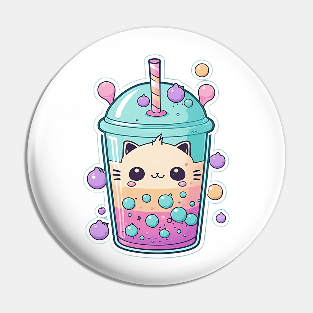 Cute Cat Bubble Tea Cartoon Boba Drawing - Bubble Tea - Pin | TeePublic