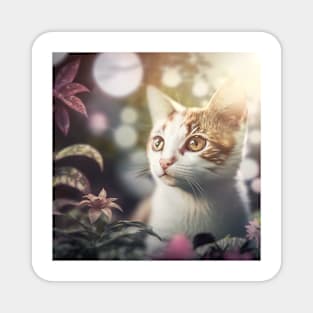 Cute White Cat Floral Background | White, brown and grey cat with blue eyes | Digital art Sticker Magnet