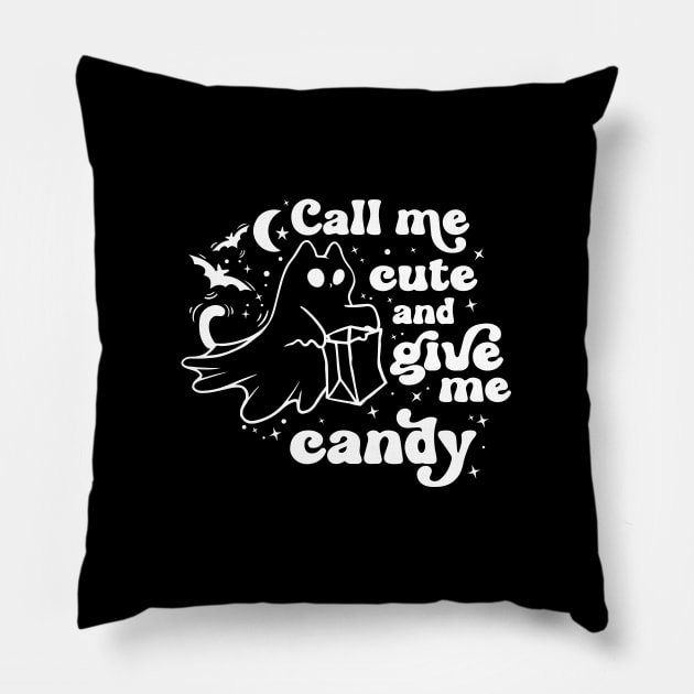 Ghost cat Call Me Cute and Give Me Candy Pillow by Madelyn_Frere